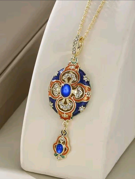 Anthropologie Jewelry - Vintage Gold-Tone Blue and Orange Enamel Pendant Necklace